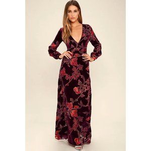 Lulu's Practical Magic Burgundy Velvet Floral Print Maxi Dress Long Sleeve XL